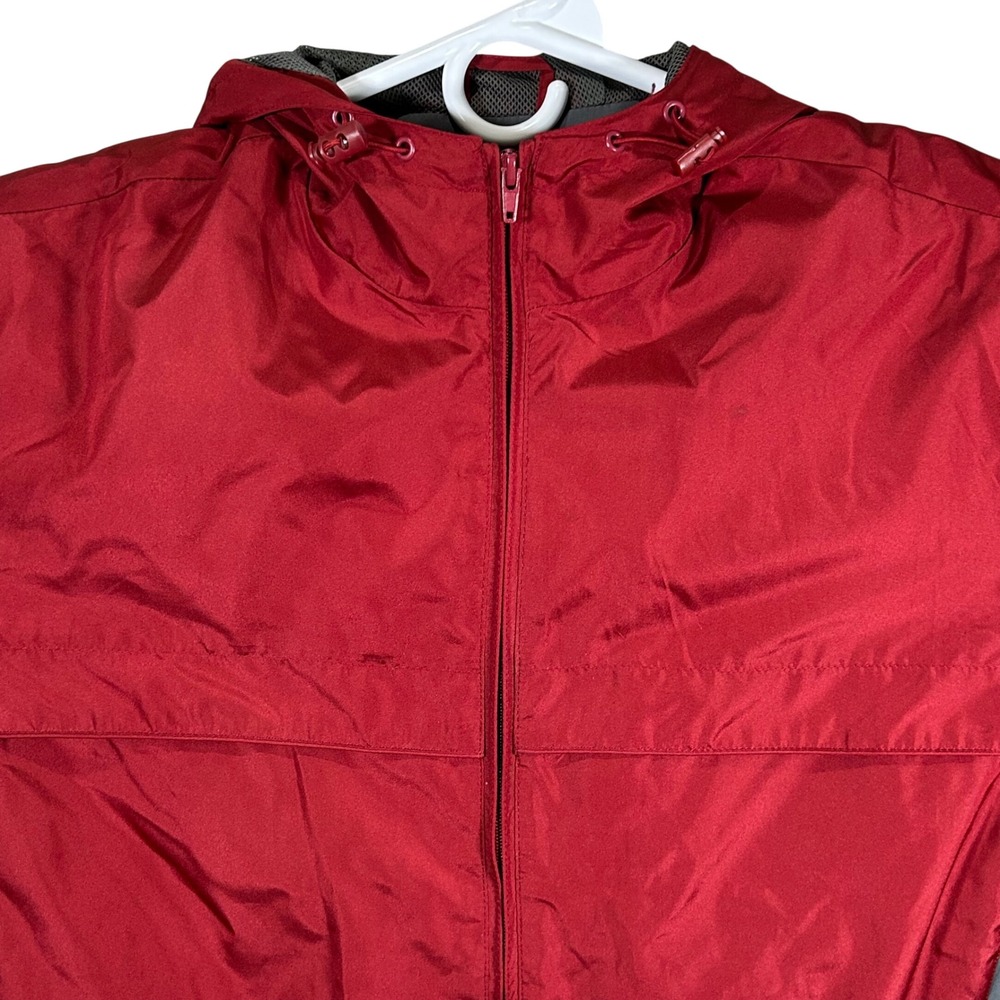 St. Johns Bay Mens Red Grey Mesh Lined Hooded Windbreaker Jacket Size Medium